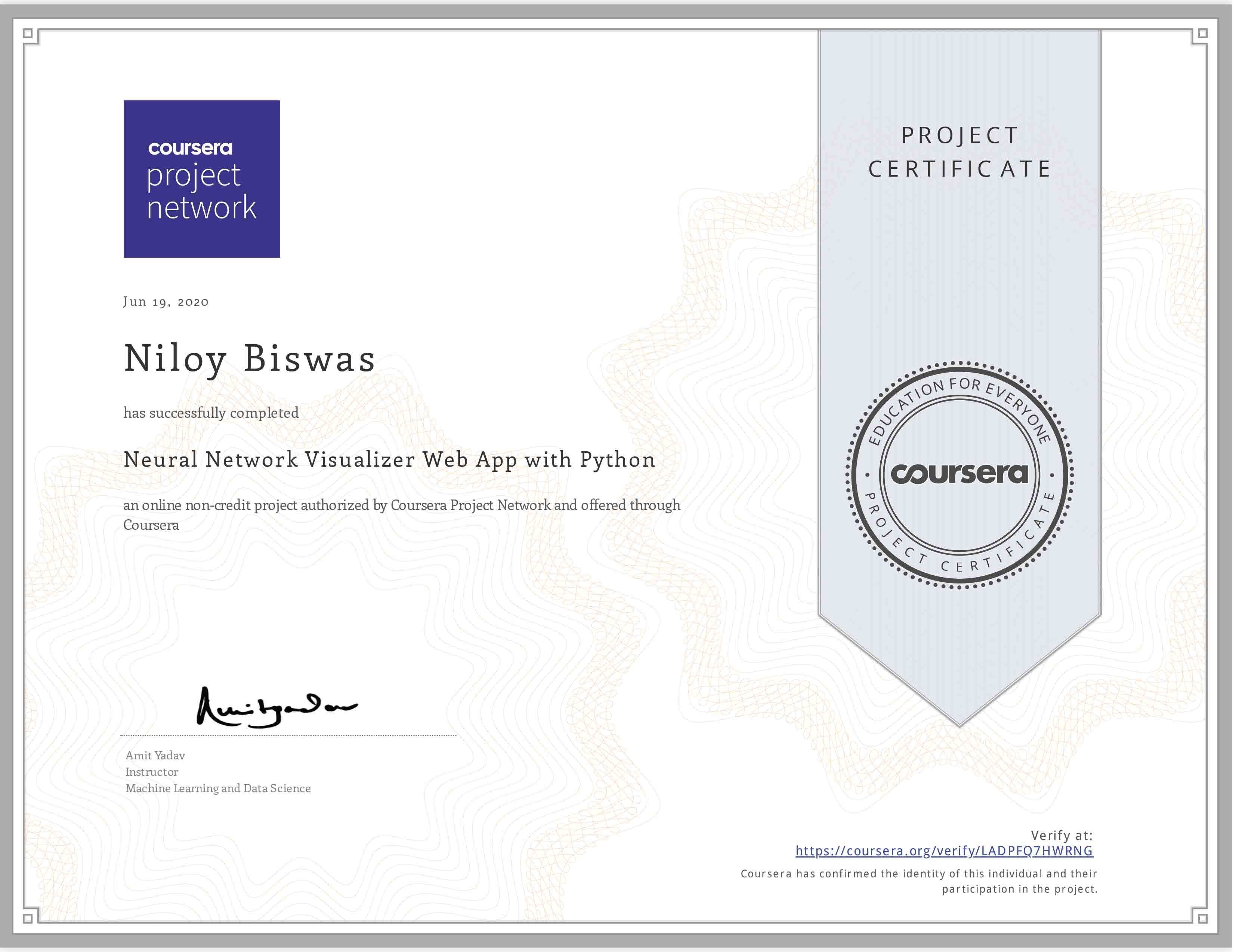 Niloy Biswas Neural Network Visualizer Certificate